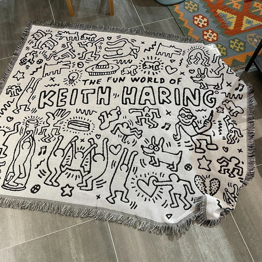 Woven Blanket Keith Haring Characters Black and White