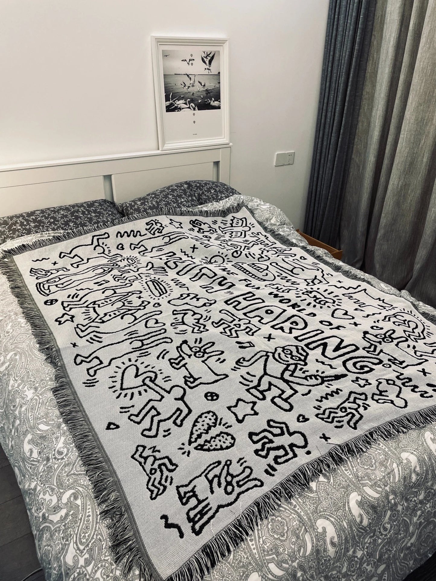 Woven Blanket Keith Haring Characters Black and White